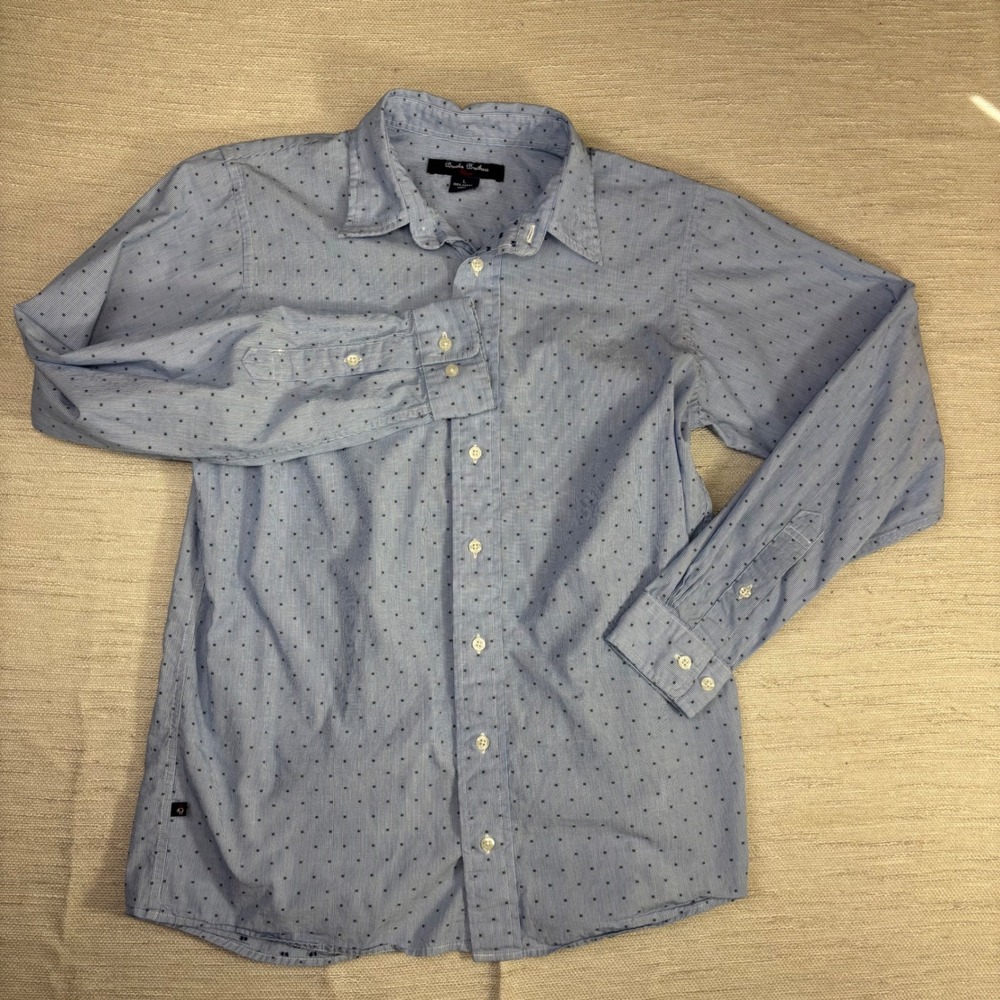 Brooks Brothers Fleece Boys Large Blue White Striped Polka Dot Button Down Shirt